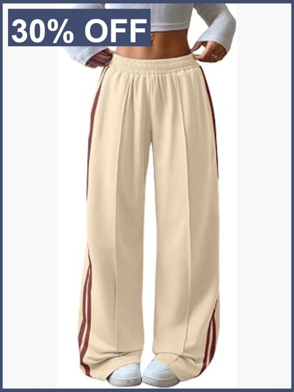 Wide Leg Track Pants with Side Stripes - Cream